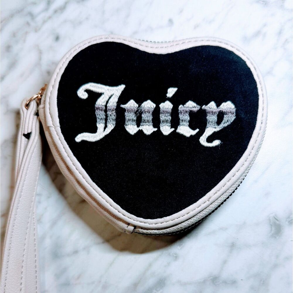 Juicy Couture Heart Wristlet Pouch Wallet Cream Black Gothic Embroidered Logo